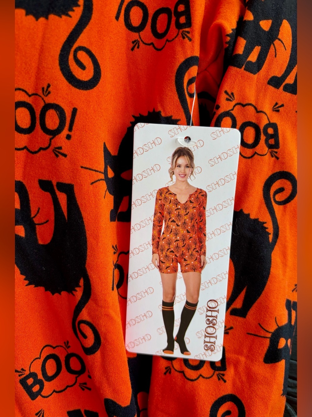 NWT SHOSHO Orange and Black Halloween Ladies Pajama Set with Cat & Boo Print